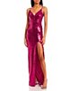 Color:Hot Pink - Image 3 - Spaghetti-Strap Deep V-Neck Slit Hem Sequin Stretch Long Fitted Dress