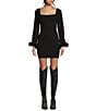 Color:Black - Image 1 - Square Neck Long Sleeve Feather Cuff Bodycon Dress