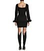 Color:Black - Image 2 - Square Neck Long Sleeve Feather Cuff Bodycon Dress