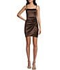 Honey and Rosie Square Neck Shirred Side Faux Wrap Mini Dress, Color:Chocolate Brown - Image 1