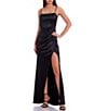 Color:Black - Image 3 - Double Strap Wrap Waist Side Slit Long Satin Gown