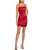Color:Scarlet - Image 1 - Square Neck Stretch Satin Faux-Wrap Ruched Side Tulip Hem Dress