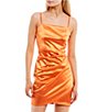 Color:Tangerine - Image 3 - Square Neck Stretch Satin Faux-Wrap Ruched Side Tulip Hem Dress