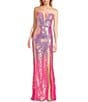 Color:Pink - Image 1 - Strapless Ombre Sequin Lace-Up Back Front Slit Long Dress