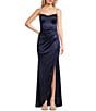 Honey and Rosie Sweetheart Neck Pearl Trim Spaghetti Strap Lace Back Bodice Pleated Envelope Front Gown, Color:Navy - Image 1