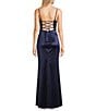 Honey and Rosie Sweetheart Neck Pearl Trim Spaghetti Strap Lace Back Bodice Pleated Envelope Front Gown, Color:Navy - Image 2