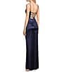 Honey and Rosie Sweetheart Neck Pearl Trim Spaghetti Strap Lace Back Bodice Pleated Envelope Front Gown, Color:Navy - Image 3