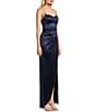 Honey and Rosie Sweetheart Neck Pearl Trim Spaghetti Strap Lace Back Bodice Pleated Envelope Front Gown, Color:Navy - Image 4