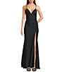 Honey and Rosie V-Neck Shirred Lace Up Tie Back Mermaid Gown, Color:Black - Image 1