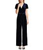 Honey and Rosie V-Neck Wrap Waist Tie Wide Leg Velvet Jumpsuit, Color:Navy - Image 1