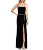 Color:Black - Image 1 - Velvet Shirred Front Slit Chain Belt Long Dress