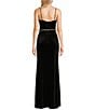 Color:Black - Image 2 - Velvet Shirred Front Slit Chain Belt Long Dress