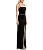 Color:Black - Image 3 - Velvet Shirred Front Slit Chain Belt Long Dress