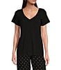 Color:Black - Image 1 - Solid Knit Short Sleeve V-Neck Coordinating Sleep Top