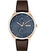 Color:Brown - Image 1 - Men's Tyler Multifunction Brown Leather Strap Watch