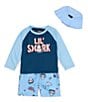 Color:Psychic Blue - Image 1 - Baby Boys 12-24 Months Raglan-Sleeve Color Block Jersey Tee, Printed Supersuede Swim Trunks & Hat Set