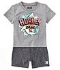 Color:Black/Grey - Image 1 - Baby Boys 12-24 Months Short Sleeve Big Bite Jersey T-Shirt & Solid Twill Shorts Set