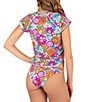 Color:Fuchsia - Image 2 - Groovy Floral Print Crew Neck Short Sleeve Sun Shirt Rash Guard Cover-Up