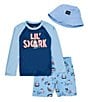 Color:Psychic - Image 1 - Little Boys 2T-4T Shark T-Shirt & Bucket Hat 3-Piece Swim Set