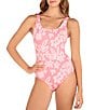 Color:Coral - Image 1 - Max Flower Scrunch Texture Jacquard Scoop Neck Moderate One Piece Swimsuit