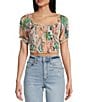 Color:Print - Image 1 - Palmetto Sunset Floral Print Short Puff Sleeve Smocked Crop Top
