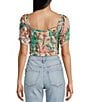 Color:Print - Image 2 - Palmetto Sunset Floral Print Short Puff Sleeve Smocked Crop Top