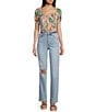 Color:Print - Image 3 - Palmetto Sunset Floral Print Short Puff Sleeve Smocked Crop Top