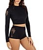 Hurley Shadow Palm Embroidered Crop Rashguard Swim Top, Color:Black - Image 3
