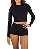 Hurley Shadow Palm Embroidered Crop Rashguard Swim Top, Color:Black - Image 5