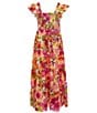 Color:Coral - Image 1 - Big Girls 7-16 Flutter-Sleeve Floral Print Maxi Dress