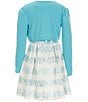 Color:Aqua - Image 2 - Big Girls 7-16 Long Sleeve Cardigan Sleeveless Print Skater Belted Dress 2-Piece Set
