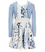 Color:Blue - Image 1 - Big Girls 7-16 Long Sleeve Solid Cardigan with Sleeveless Print Exposed Ruffle Shug Dress 2-Piece Set
