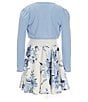 Color:Blue - Image 2 - Big Girls 7-16 Long Sleeve Solid Cardigan with Sleeveless Print Exposed Ruffle Shug Dress 2-Piece Set