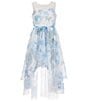 Color:Blue - Image 1 - Big Girls 7-16 Sleeveless Floral Printed Mesh Ribbon Bow Hi-Low Dress
