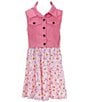 Color:Pink - Image 1 - Big Girls 7-16 Sleeveless Solid Twill Vest & Sleeveless Daisy Print Ruffle-Tiered Dress