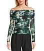 I.N. San Francisco Abstract Floral Off The Shoulder Long Sleeve Shirred Side Top, Color:Abstract Floral - Image 1