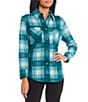 Color:Teal/Ivory Plaid - Image 1 - Brushed Plaid Button Front Flannel Shirt
