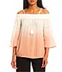 Color:White/Sherbert - Image 1 - Off-the-Shoulder Bell-Sleeve Ombre Dip-Dye Top