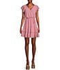 Color:Rose - Image 1 - Pebble Georgette Surplice Neckline Short Flutter Sleeved Tiered A-Line Dress