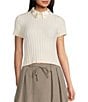 I.N. San Francisco Satin Point Collar Tie Front Short Sleeve Sweater Top, Color:Ivory - Image 1