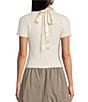 I.N. San Francisco Satin Point Collar Tie Front Short Sleeve Sweater Top, Color:Ivory - Image 2