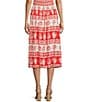 I.N. San Francisco Seashell-Stripe Pattern Mid Rise Smocked Waist Coordinating Midi Skirt, Color:Orange - Image 2