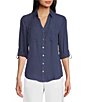 Color:Denim - Image 1 - Solid Collared Button Down Pocketed Top