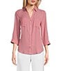 Color:Rose - Image 1 - Solid Collared Button Down Pocketed Top