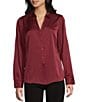 I.N. San Francisco Solid Stretch Satin Collared Button Front Long Sleeve Blouse, Color:Merlot - Image 1