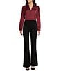I.N. San Francisco Solid Stretch Satin Collared Button Front Long Sleeve Blouse, Color:Merlot - Image 3