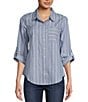 Color:Chambray/White - Image 1 - Striped Chambray Collared Button Front Poplin Pocketed Roll-Tab 3/4 Sleeve Top