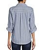 Color:Chambray/White - Image 2 - Striped Chambray Collared Button Front Poplin Pocketed Roll-Tab 3/4 Sleeve Top