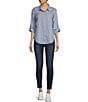 Color:Chambray/White - Image 3 - Striped Chambray Collared Button Front Poplin Pocketed Roll-Tab 3/4 Sleeve Top