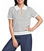 I.N. San Francisco Striped Short Sleeve Collared Keyhole Front Sweater Top - Image 1
